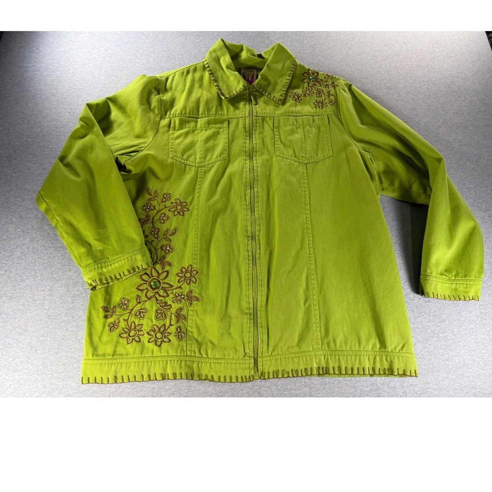 Original Anthony Lime Green Embroidered Floral Rhinestone Zip Denim Jacket M